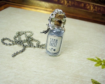 Stardust 2ml Glass Bottle Necklace Charm - Star Dust Cork Bottle Vial Pendant - Silver Fairy Tale Star