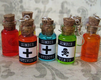 Zombie Virus / Antivirus / Antidote 1ml Glass Bottle Charm Earrings - Cork Vial - Zombie Cure Walking Dead