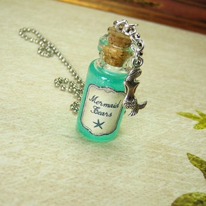 Mermaid Tears 2ml Glass Bottle Necklace Charm - Mermaid's Tears Cork Vial Pendant - Ocean Sea Kawaii