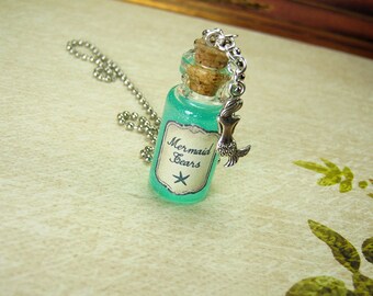 Mermaid Tears 2ml Glass Bottle Necklace Charm - Mermaid's Tears Cork Vial Pendant - Ocean Sea Kawaii