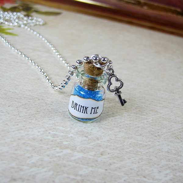 Drink Me Alice in Wonderland 0.5ml Glass Bottle Necklace Charm - Cork Vial Pendant - Christmas Fantasy