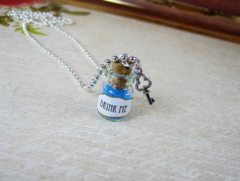 Drink Me Alice in Wonderland 0.5ml Glass Bottle Necklace Charm Cork Vial Pendant Christmas Fantasy image 1