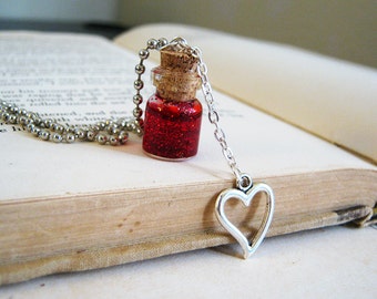 Love Potion 0.5ml Glass Bottle Necklace Charm - Magic Cork Vial Pendant - Heart Spell