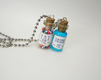 Eat Me & Drink Me Glass Bottle Necklace Charm Set - 1ml Vial Cork - Alice in Wonderland Tiny Jar