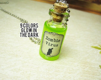 Zombie Virus 2ml Glass Bottle Necklace Charm - Walking Dead Cork Vial Pendant - Halloween Goth Cure