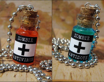 Zombie Antidote & Anti-Virus 1ml Glass Bottle Necklace CharmSet - Zombie Cure Vial Set - Zombie Virus