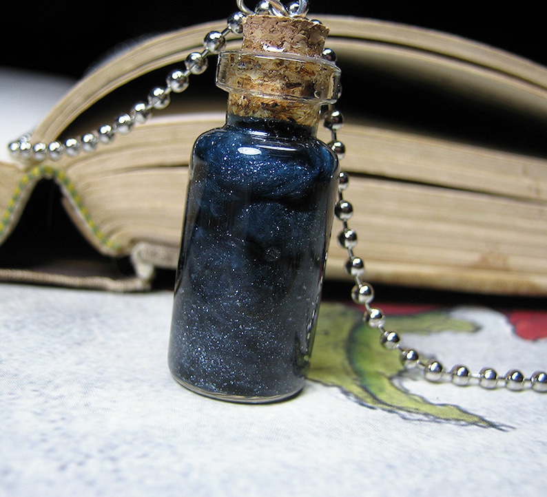 Night Sky and Stars in a Bottle Necklace Charm Dark Clouds Cork Glass Vial Pendant Kawaii image 1
