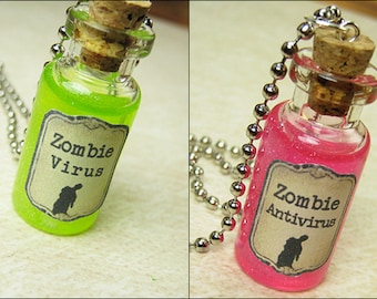 Zombie Virus & Antivirus 2ml Bottle Necklace Charm Set - Cork Vial Pendant  - Christmas Potion Walking Dead - Friendship Zombies Set