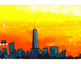 POCKET ART. "Skyline at Sunset" – 5.4 x 8.6 cm.  Miniature painting on repurposed paper subway ticket.