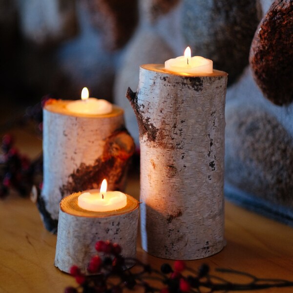 Set of 3, Tree birch branch candle holders,  Rustic Candle Holders, Tree Bark, Wooden Candle Holders, Wood Candle Holders. Candleholders