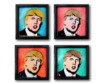 Donald Trump political pop art satire framed painting acrylic mixed-media silkscreen black blue orange teal pink warhol contemporary lowbrow