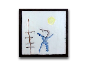 small acrylic abstract Achristocraft blue painting on square wood tile with black frame representing the season of winter