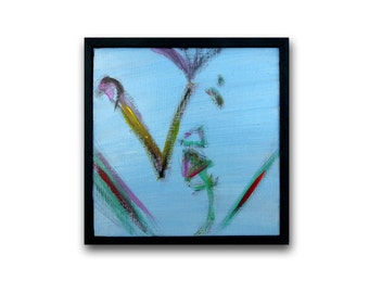 small acrylic abstract Achristocraft blue painting on square wood tile with black frame representing the season of spring