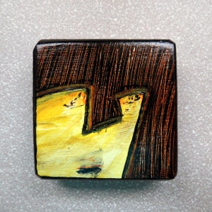 abstract painting wood refrigerator magnet acrylic glossy yellow orange and black miniature