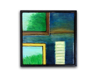 Acrylic landscape painting on wood. Green, blue, yellow and brown summertime day by the lake imagery with black frame drift away on the pier