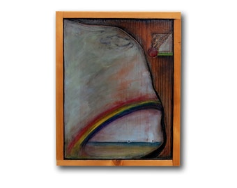 Framed acrylic abstract expressionism emotional tornado painting on wood rainbow symbolism severe thunderstom brown grey red green blue