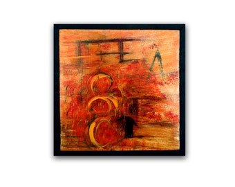 small acrylic orange abstract Achristocraft painting on square wood tile with black frame representing the season of fall