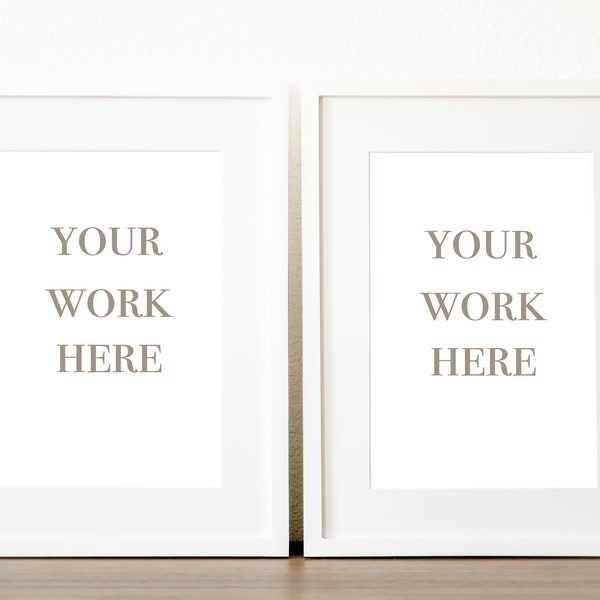 Mockup Set 2 Vertical 8x12 Modern Thin White Wood Frame Smart Object,Photo Display,Picture Frame with Mat,PSD JPEG PNG,White Wall Background