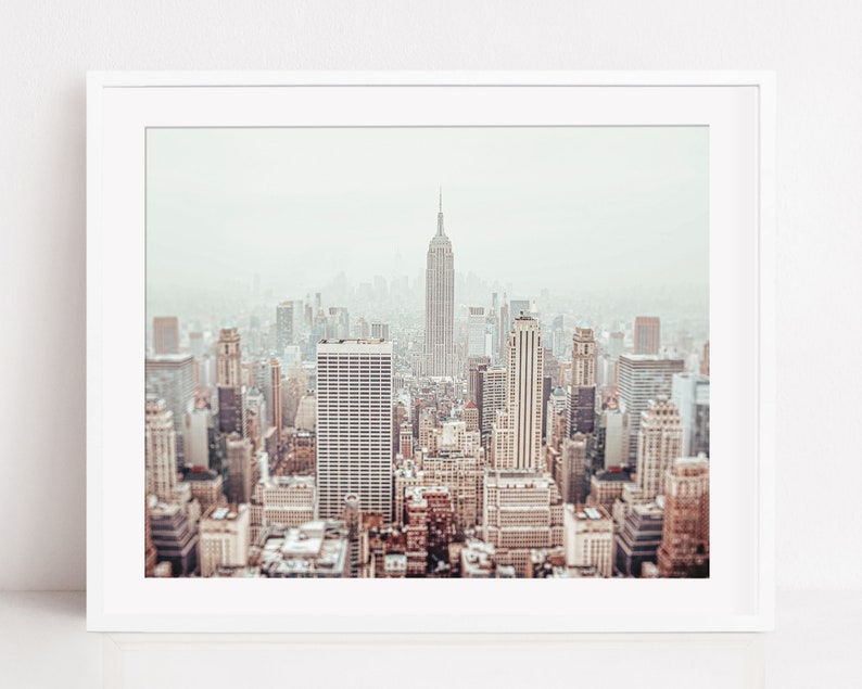 Digital Foggy Empire State Building New York City Photography Download,NYC Manhattan Top View,Office Wall Decor,Wall Street,Modern Home image 1