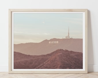 Digital Hollywood Sign Print,Dreamy Los Angeles Valley,Soft Sunset Foggy Mountain,Griffith Park Observatory,Wall Decor,Cozy Room,Modern Home