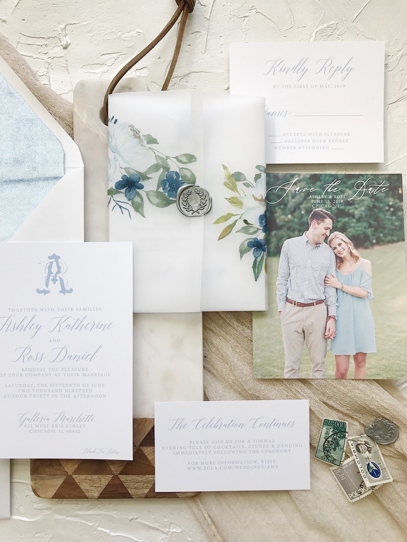 Dusty Blue Wedding Invitations With Velvet Liners and Vellum Wrap image 2