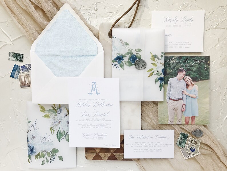 Dusty Blue Wedding Invitations With Velvet Liners and Vellum Wrap image 1