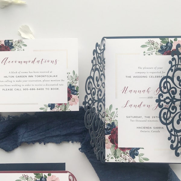 Navy, Burgundy and Gold Laser Cut Wedding Invitations