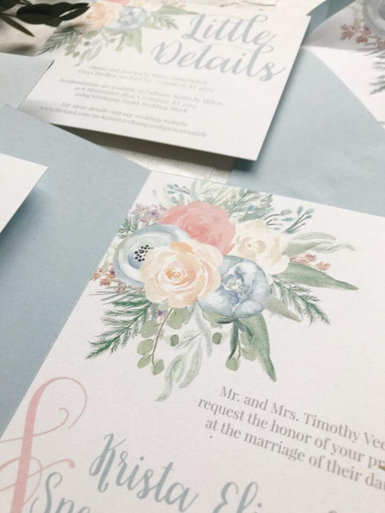 Dusty Blue and Peach Floral Wedding Invitations Etsy