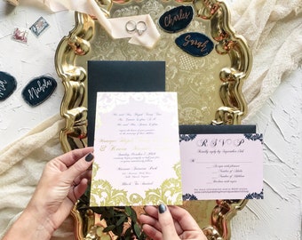 Gold Foiled Blush and Navy Wedding Invitations