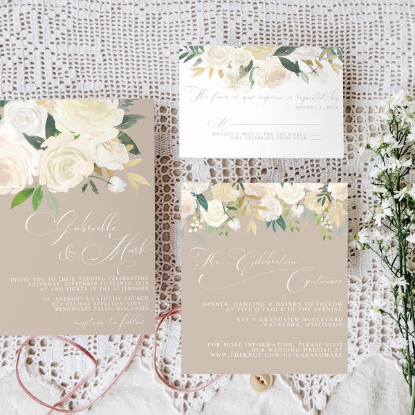 Taupe and Greenery Wedding Invitation, Neutral Wedding palette, Floral Wedding Invitations, Custom Wedding Invitations, Simple Invitations