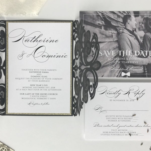 Black Tie Black + Gold New Years Eve Invitation