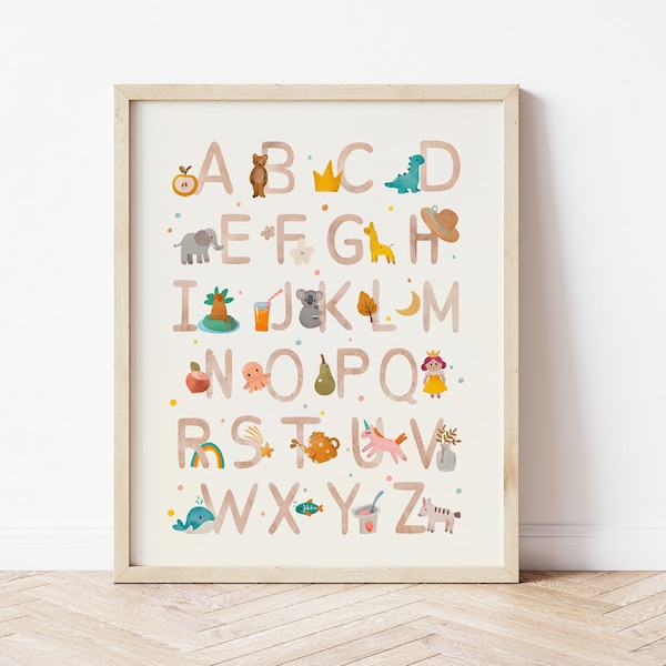 Alphabet Poster Playroom, Boho Nursery Wall Art, Playroom Wall Decor, Alphabet Nursery Print, Alphabet Poster Download, Watercolor ABC Print