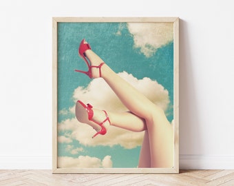 Eclectic Gallery Wall, Pinup Wall Art, Printable Eclectic Art, Ooh la la, Red Heels Print, Vintage Blue and Red Decor, Gallery Wall Art