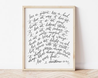 Love is Patient, Love is Kind Print, 1st Corinthians 13: 4-8, Wedding Printable Wall Art, Hand-Lettered Scripture Print, Anniversary Gift