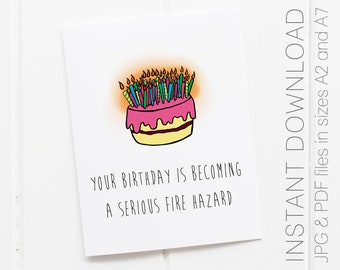 PRINTABLE Cake Card, Your Birthday is Becoming a Serious Fire Hazard, Funny Birthday Card, Dad Birthday, Mom Birthday, Grandpa Birthday