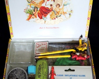 Vintage Desk Drawer Treasures – 16 Collectible Items in Cigar Box