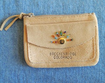 Vintage Suede Coin Purse, Breckenridge Colorado Souvenir, Beaded Sun Design