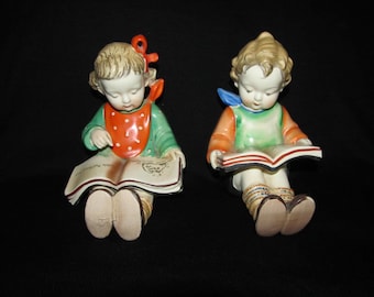 Vintage Ceramic Boy and Girl Reading Bookends
