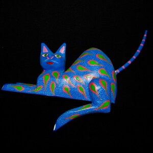 Blue and Paisley Wood Carved Cat with Dangling Leg by Jesus Hernandez T.