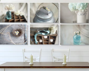 Rustic Kitchen Art Prints: Teal Aqua Floral Wall Decor, Set of 6