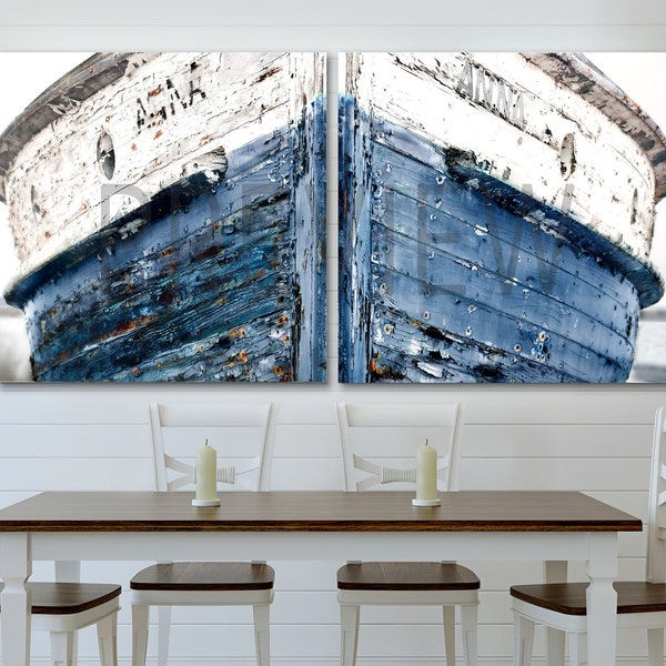Dark Navy Ship Diptych: Nautical Lakehouse Wooden Boat Art