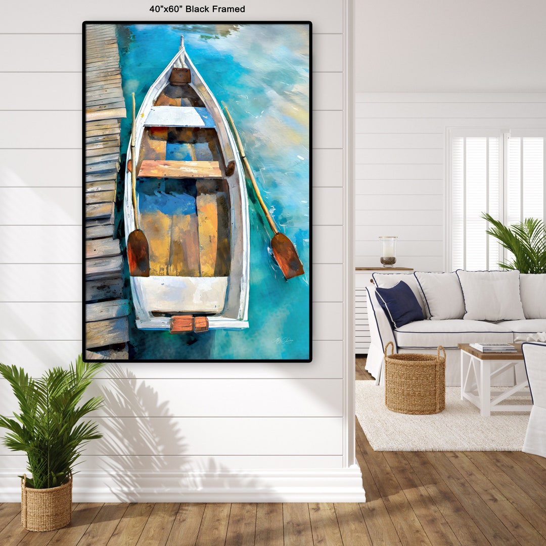 Rustic Wooden Boat Painting Canvas Print, Coastal Wall Art Lake House