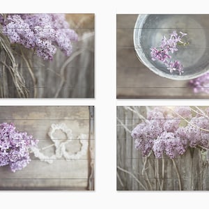 Lilac Art, Wood Plank Sign Set, Country Print Set of 4, Farmhouse Decor, Country, Barn, Rustic, Landscape, Purple floral, mother's day image 1