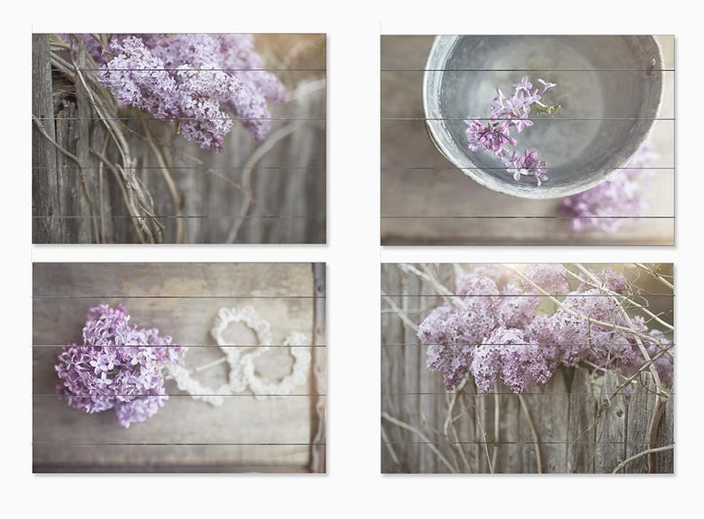 Lilac Art, Wood Plank Sign Set, Country Print Set of 4, Farmhouse Decor, Country, Barn, Rustic, Landscape, Purple floral, mother's day image 1