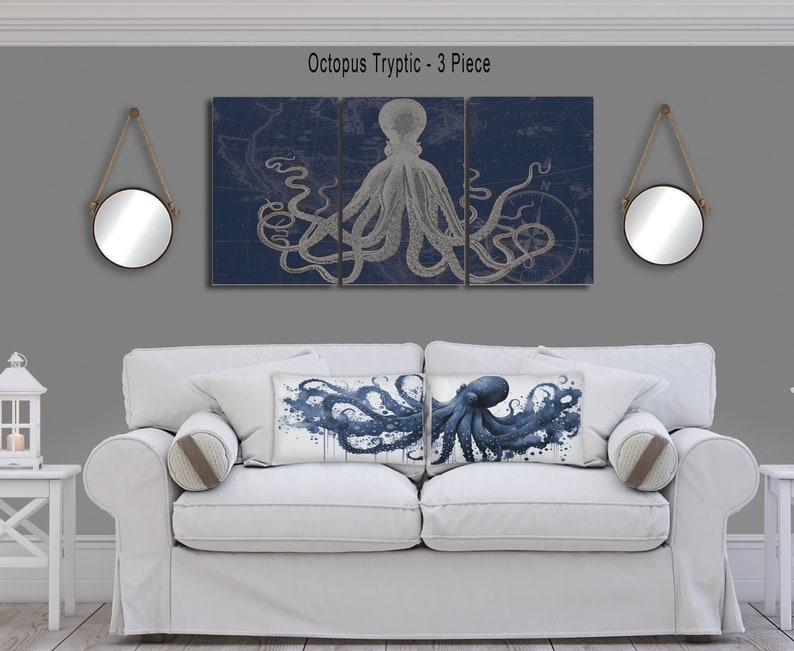 Set of 2 Octopus Pillows Blue and White Pillow Octopus Decor Nautical Pillow Nautical Decor Beach House Decor Coastal Living decor, Aqua image 3