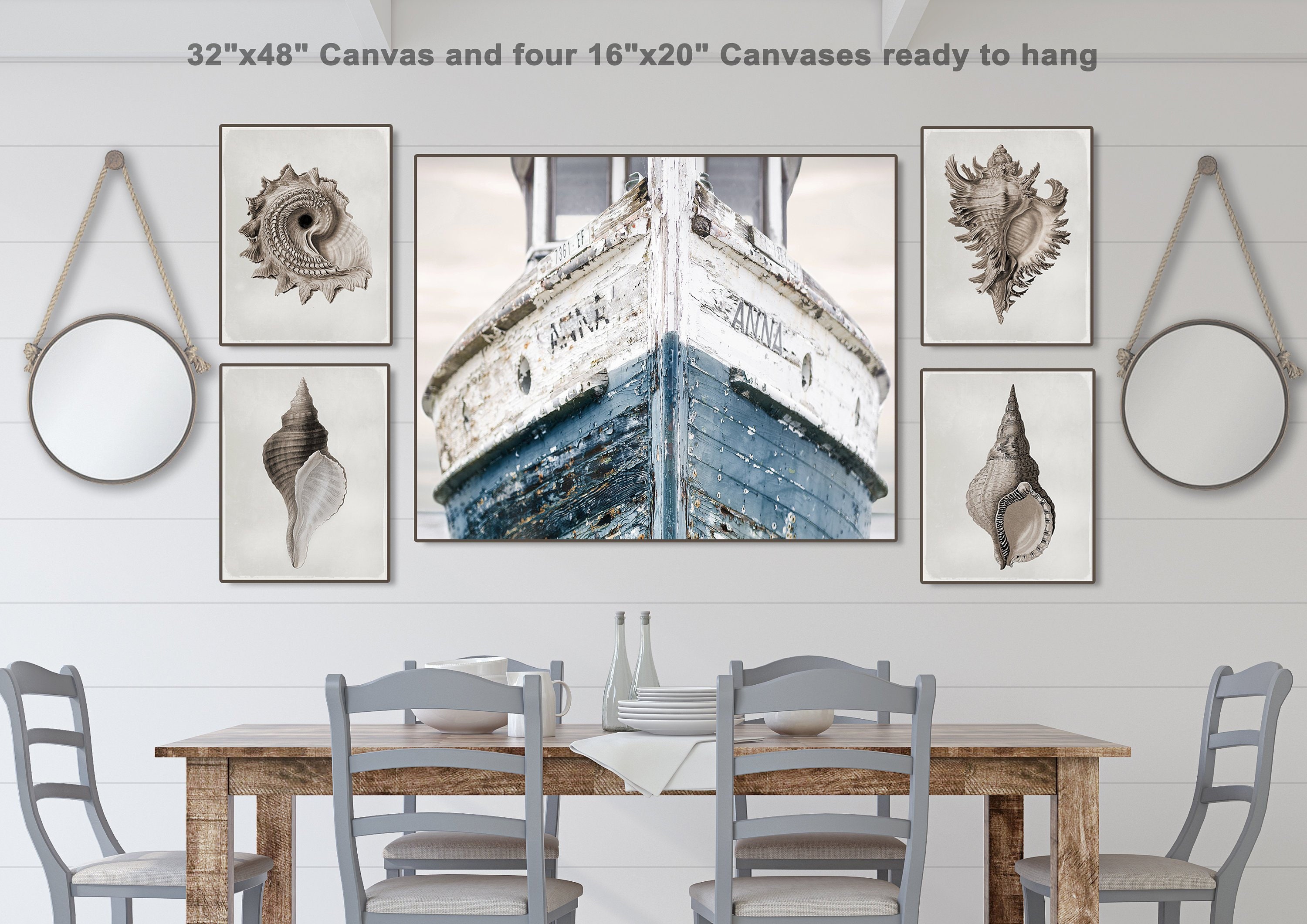 Hampton Style Wall Art Prints Posters Coastal Sea Shell Canvas Painting Picture Vintage Illustration Navy Indigo