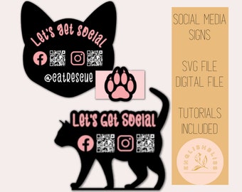 Cat SVG file, Animal Rescue Digital file, Social Media and Payment sign, Let's get social, Glowforge file - SET of 3!