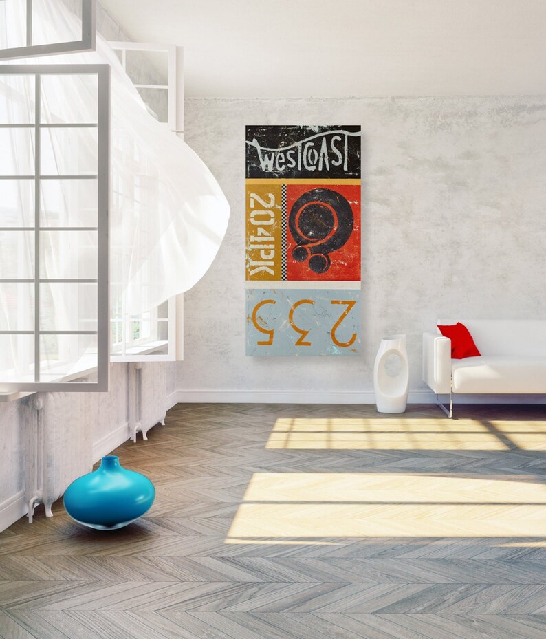 Large Mid Century Modern Typography Wall Art Blue and Red Etsy