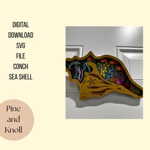 May include: A layered wooden conch shell art piece with a detailed underwater scene. The interior features colourful coral, fish, and a starfish. The text "DIGITAL DOWNLOAD SVG FILE CONCH SEA SHELL" is visible.