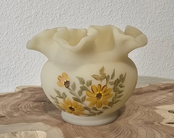 Vintage Fenton light yellow satin glass, vase, Ruffled Rim with  handpainted art, signed by artist.